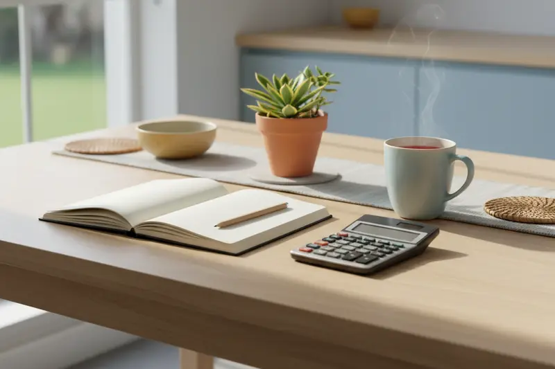 A kitchen table with an open notebook, a calculator and a mug of tea.